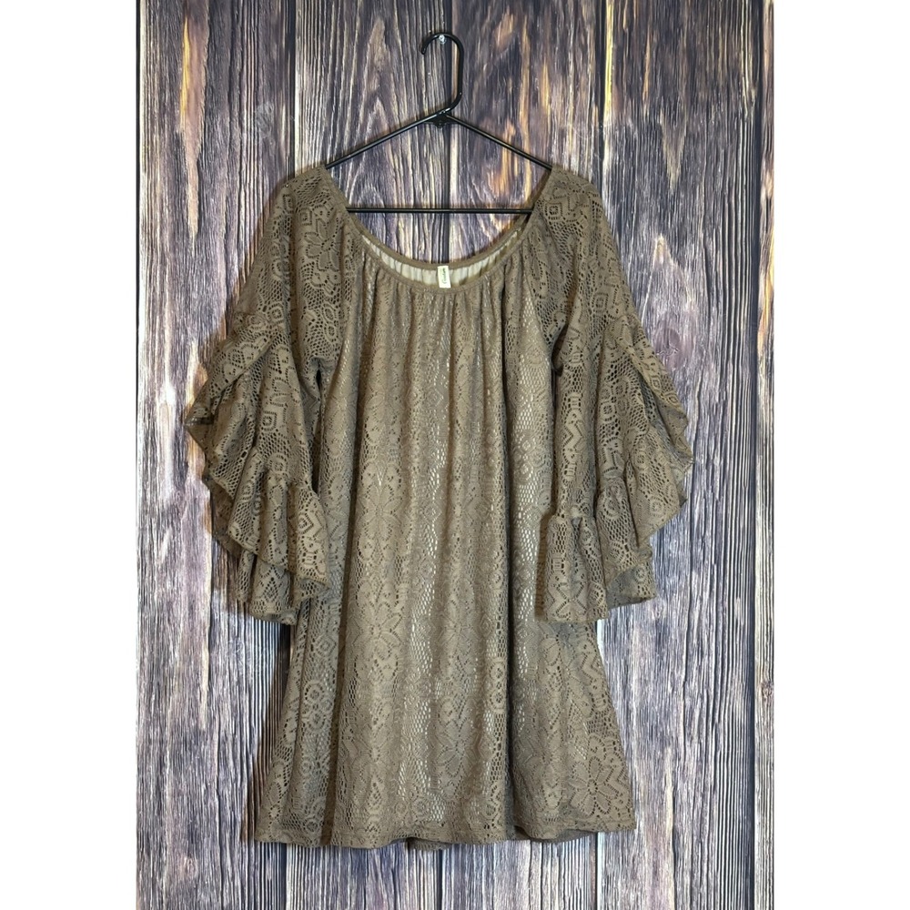 2tee Couture Womens Medium Brown Lace Dress Bell‎ Ruffle Sleeves Boho Chic Casal